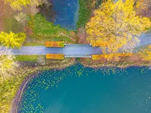 Beautiful travel or tourism style look down aerial of pedestrian foot bridge across River at park with colorful fall