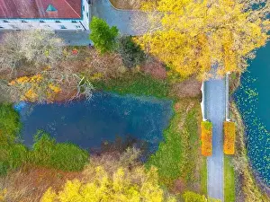 Foot Bridge Prints: Beautiful travel or tourism style look down aerial of pedestrian foot bridge across River at park with colorful fall