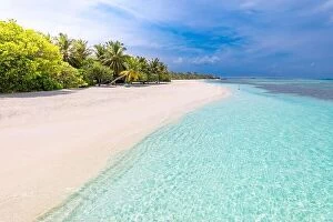 Images Dated 15th December 2018: Beautiful tropical beach landscape banner. White sand and coco palms wide panorama background