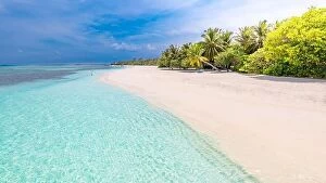 Images Dated 15th December 2018: Beautiful tropical beach landscape banner. White sand and coco palms wide panorama background