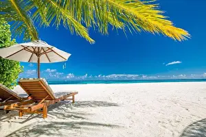 Beautiful tropical beach. White sand and coco palms travel tourism wide panorama background concept. Amazing beach landscape, luxury travel, vacation