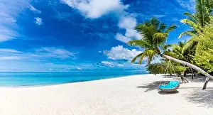 Summer Getaway Prints: Beautiful tropical island with palm trees and beach swing or hammock panoramic landscape