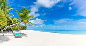 Beautiful tropical island with palm trees and beach swing or hammock panoramic landscape. Luxury travel vacation paradise coast shore sea view inspire