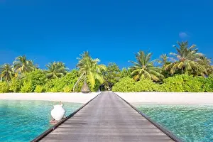 Beautiful tropical Maldives island with beach jetty sea and coconut palm tree on blue sky. Luxury summer nature holiday vacation background concept
