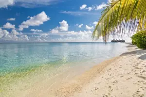 Beautiful tropical Maldives resort hotel and luxury island, beach sea view on sky for holiday vacation background concept. Exotic travel destination