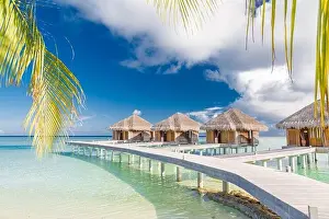 Beautiful tropical Maldives resort hotel water villas. Island with beach and palm leaves over sea on sky. Luxury holiday vacation background concept