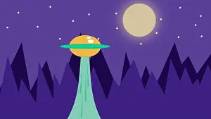 Sleigh Prints: Beautiful ufo flying over the moon. 2d landscape illustration