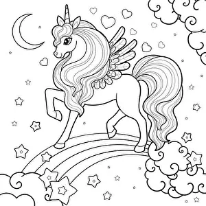 Unicorn Prints: Beautiful unicorn on the rainbow. Black and white drawing for coloring. Vector