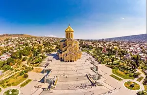 Tiflis Prints: Beautiful Top view from drone to Main attraction of Tbilisi - Cathedral Tsminda Sameba Holy Trinity biggest church
