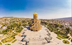 Tiflis Prints: Beautiful Top view from drone to Main attraction of Tbilisi - Cathedral Tsminda Sameba Holy Trinity biggest church