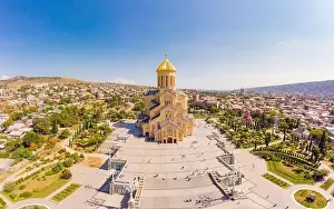 Beautiful Top view from drone to Main attraction of Tbilisi - Cathedral Tsminda Sameba Holy Trinity biggest church