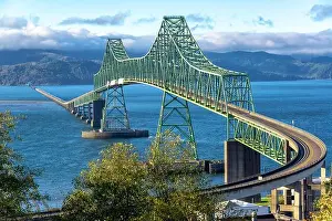 Beautiful view of the magnificent Astoria Megler Bridge crossing the Columbia River from Astoria, Oregon to Washington