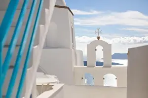 Caldera Prints: Beautiful view of typical Santorini church in Greece in the Cyclades