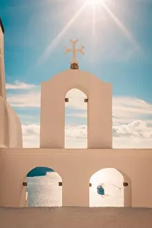 Beautiful view of typical Santorini church in Greece in the Cyclades
