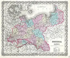 Beautiful vintage hand drawn Colton's map of Prussia from 1860 with beautiful colorful maps and illustrations of countries, regions and oceans