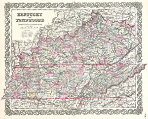 Old Book Prints: Beautiful vintage hand drawn Colton's map of Tennessee from 1860 with beautiful colorful maps
