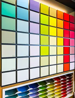 Sampler Prints: Beautiful wall with color samples in painting shop, constructing materials