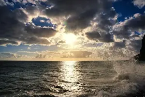 beautiful waves and wind by sunset on the coast on the Island of Madeira in the Atlantic Ocean of Portugal. Madeira