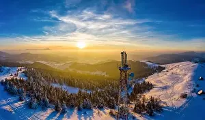 Hight Prints: Beautiful winter nature aerial sunset in the Carpathian Mountains