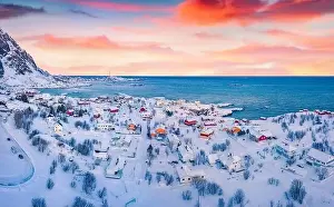 Nordland Prints: Beautiful winter scenery. Calm evening view from flying drone of southernmost of Lofoten islands town