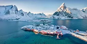 Nordland Prints: Beautiful winter scenery. Stunning winter view from flying drone of Hamnoy villege