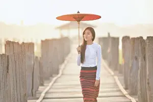 Mandalay Prints: The beautiful woman Myanmar in during sunrise, Mandalay Myanmar, vintage style