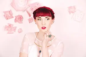 Balloons Prints: Beautifully romantic red haired girl in a contemporary studio setting