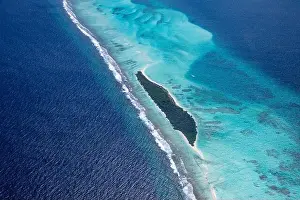 Beauty tropical island. Aerial view on tropical islands, drone, plane view from coral reef atoll in Maldives islands. Exotic travel nature destination