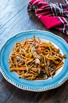 Taiwanese Prints: Beef Noodle with Vegetables in Plate. Organic Traditional Food