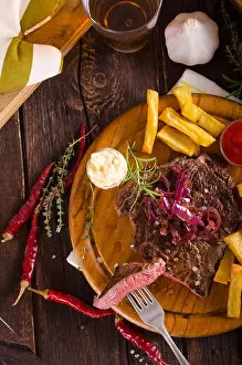 Roast Prints: Beef steak with homemade french fries, beer and tartar sauce, food photography