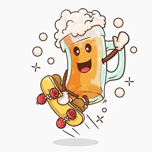 Cutie Prints: beer glass with kawaii cute face skate jump mascot vector illustration
