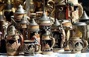 Mugs Prints: Beer steins and mugs for sale on a market stall in Bruges Belguim Europe