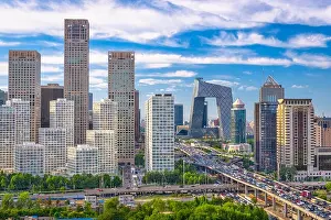 Beijing, China modern financial district cityscape at dusk