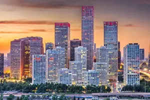 Beijing, China modern financial district cityscape at dusk