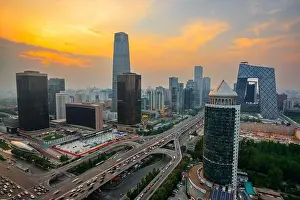 Beijing, China overlooking the central business district skyline at sunset