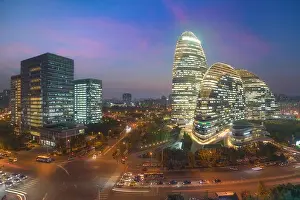 Beijing cityscape and famous landmark building in WangJing Soho area at night in Beijing, China