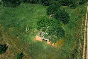 Aerial Landscape Collection: Belarus. Aerial View Of Ruined Cowshed In Chernobyl Zone. Chornobyl Catastrophe Disasters