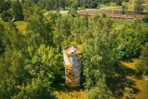 Aerial Landscape Collection: Belarus. Aerial View Of Ruined Water Tower In Chernobyl Zone. Chornobyl Catastrophe Disasters