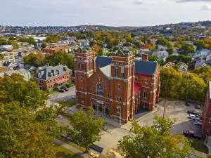 Worcester Prints: Belmont AME Zion Church aerial view in fall with fall foliage at 55 Illinois Street in city of Worcester
