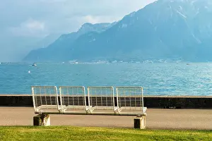 Quai Prints: Bench at the promenade of Geneva Lake in Vevey, Swiss Riviera