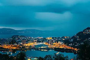 Bergen Prints: Bergen, Norway. Aerial View Cityscape Of Bergen And Harbor From Mountain Top In Blue Hour