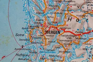 Bergen Prints: Bergen, Norway, on a road map