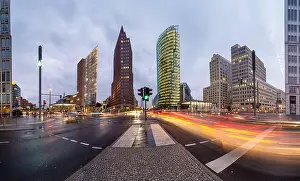 Berlin, Germany city skyline at the Potsdamer platz financial district at twilight