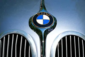 Manufacturer Prints: Berlin, Germany- june 09, 2018: Car design detail and BMW logo / brand name closeup on oldtimer automobile