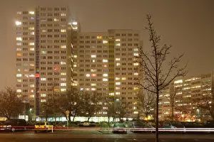 Night Scene Prints: Berlin, Germany, prefabricated at night in fog in the Schulze-Boysen Road