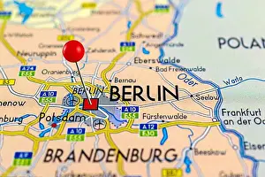 Pinned Prints: Berlin map. Close up of Berlin map with red pin