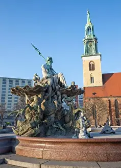 Neptune Prints: Berlin - The Neptune Fountain (Neptunbrunnen) and the Marienkirche church designed by Reinhold Begas in 1891