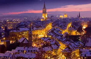 Bern Prints: Bern BE Old Town night winter canton Bern town city Christmas Advent overview snow Switzerland town view sundown