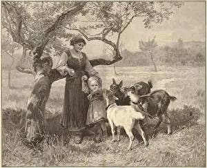 Besieged Prints: 'Besieged', by F. Morgan. Royal Academy Exhibition. Children Goats Apples 1884