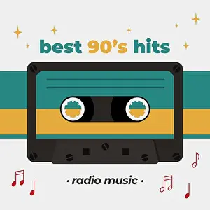 Analogue Prints: Best 90s hits poster with compact cassette image. Vector retro style illustration
